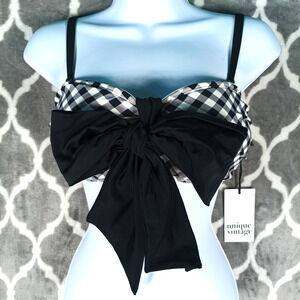 Unique Vintage Bikini Top Size Medium Black White Gingham Retro Bow Rockabilly